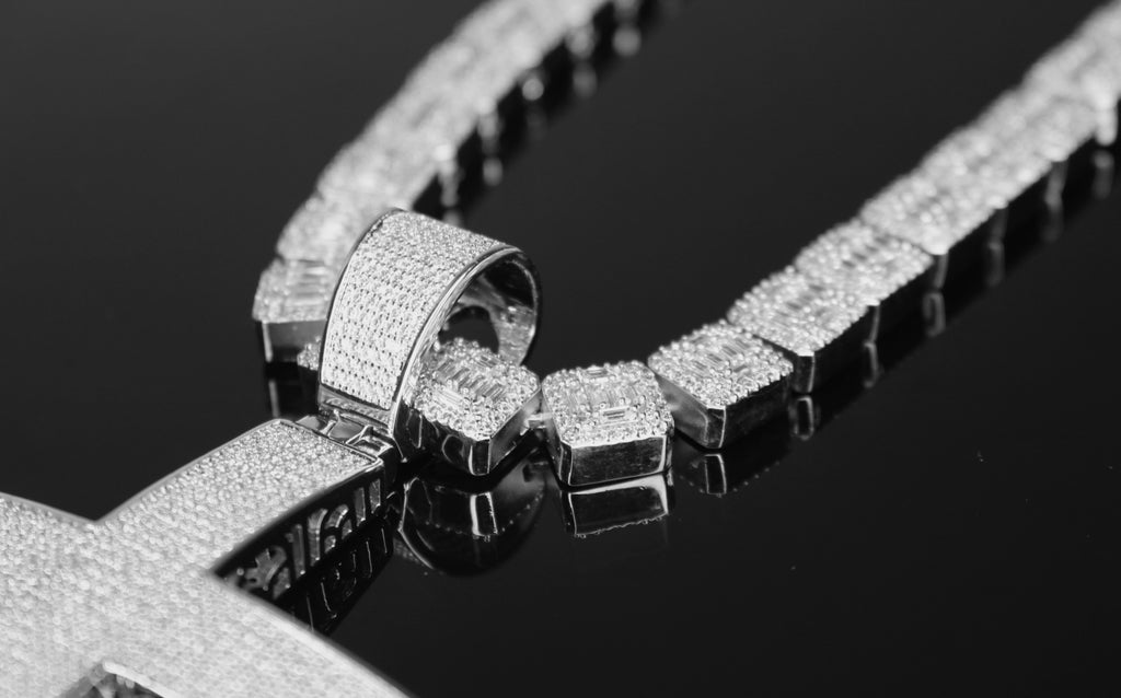 XL Cross Pendant 10mm Baguette Square Cushion-Cut Tennis Chain 144.6ct Lab Sim VVS1 Diamond Necklace