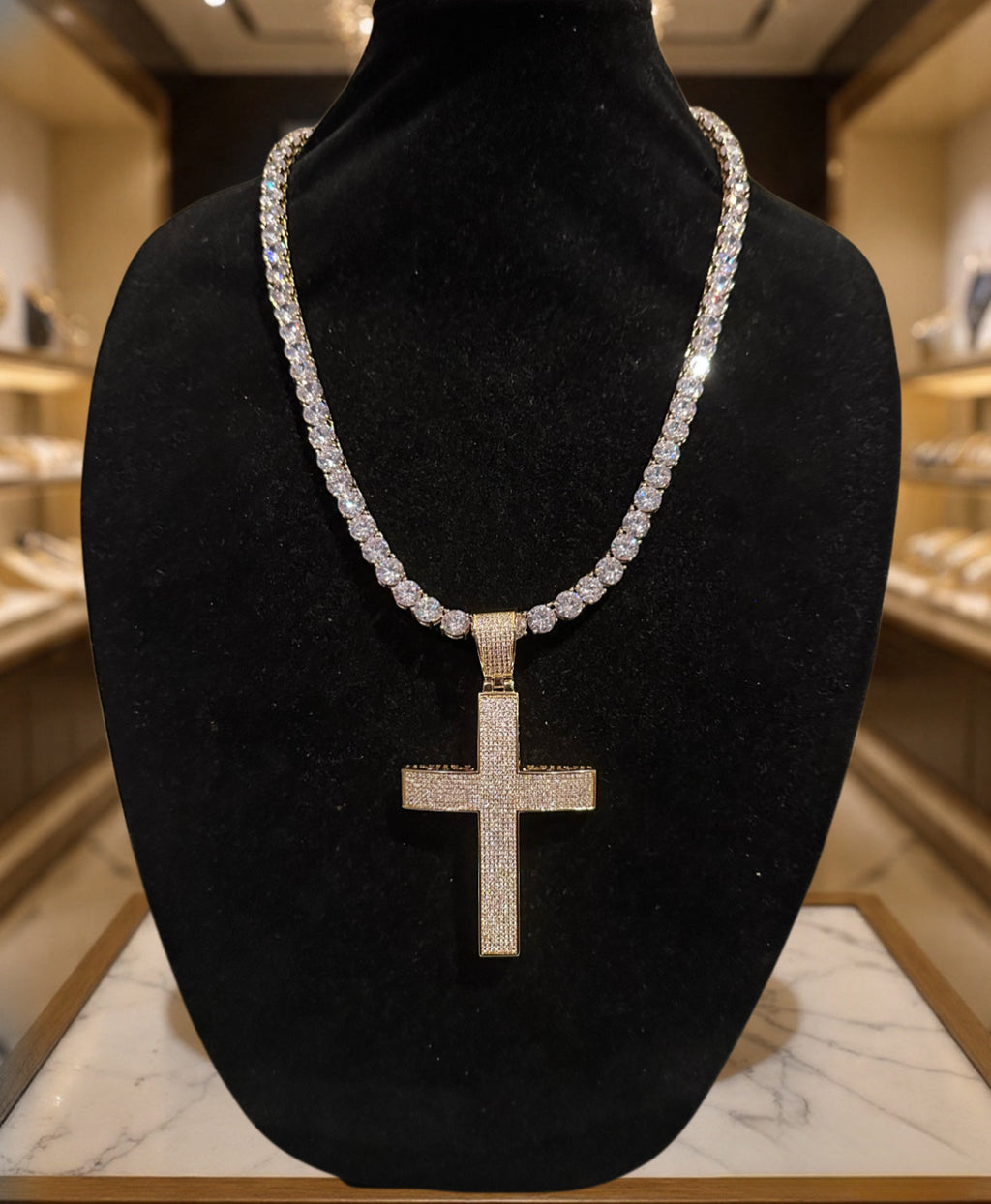XL Cross Pendant 8mm MASSIVE XXL Tennis Chain 152ct Lab Sim VVS1 Diamond Necklace GOLD