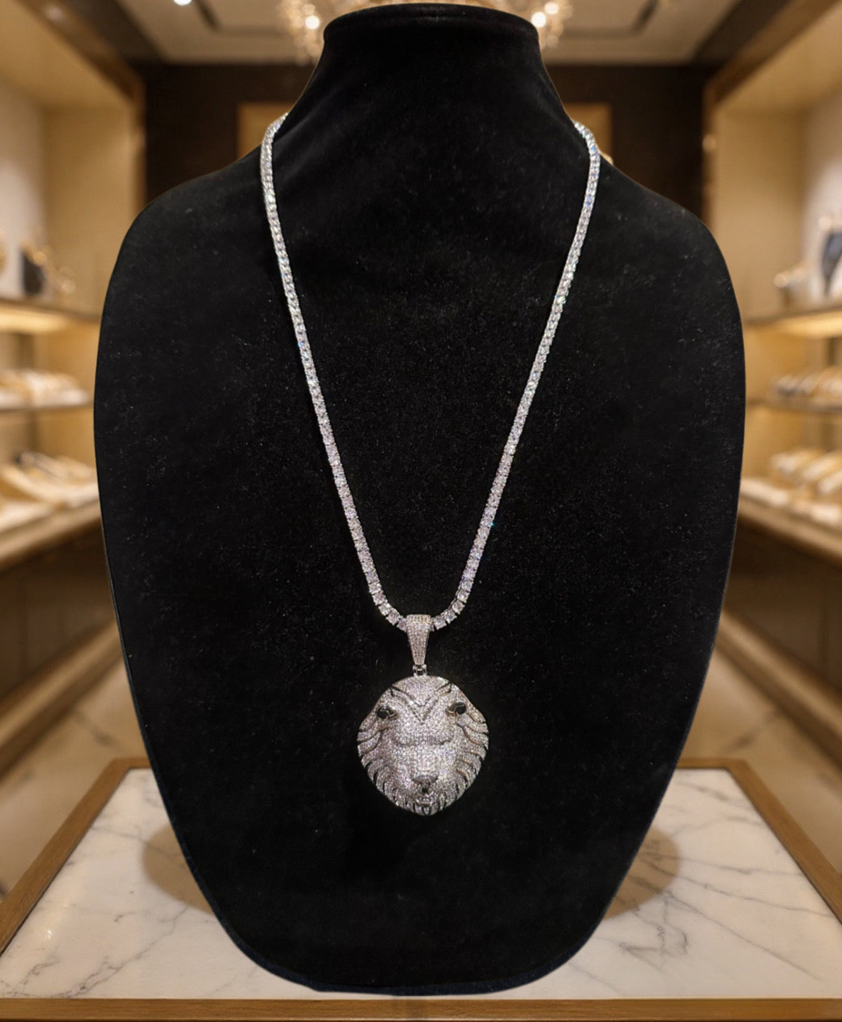 XL Lion Head Pendant 4mm Tennis 78.6ct Lab Sim VVS1 Diamond Necklace