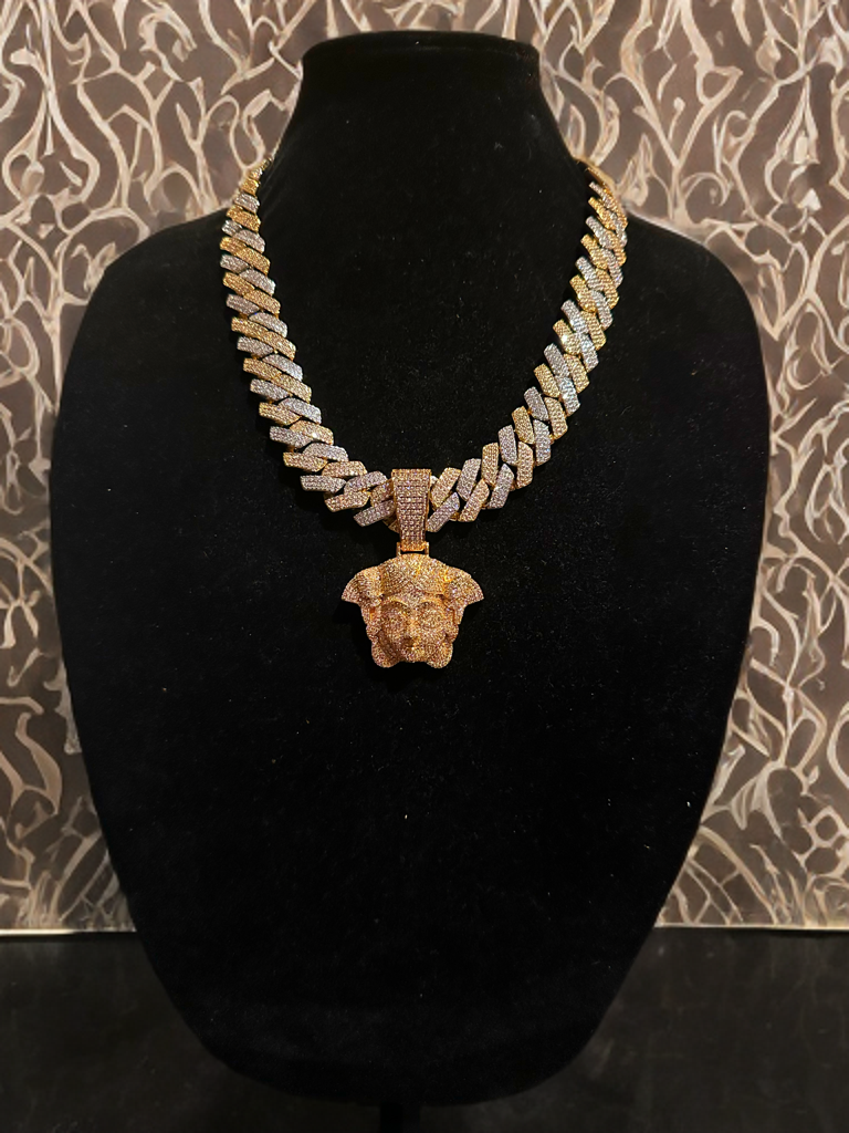 XXL MEDUSA VERSACE 20mm Cuban Miami Prong 186ct Lab Sim VVS1 Diamond Necklace SET - Gold