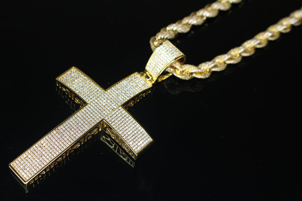 XL Cross Pendant 8mm Rope 75.8ct Lab Sim VVS1 Diamond Necklace - GOLD