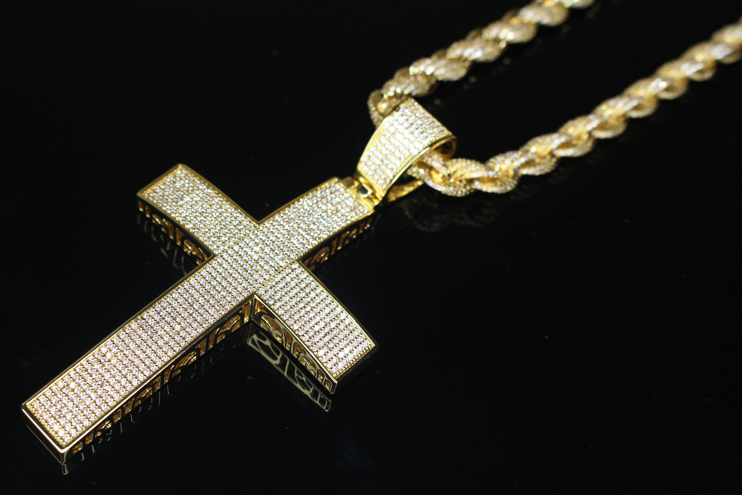 XL Cross Pendant 8mm Rope 75.8ct Lab Sim VVS1 Diamond Necklace - GOLD