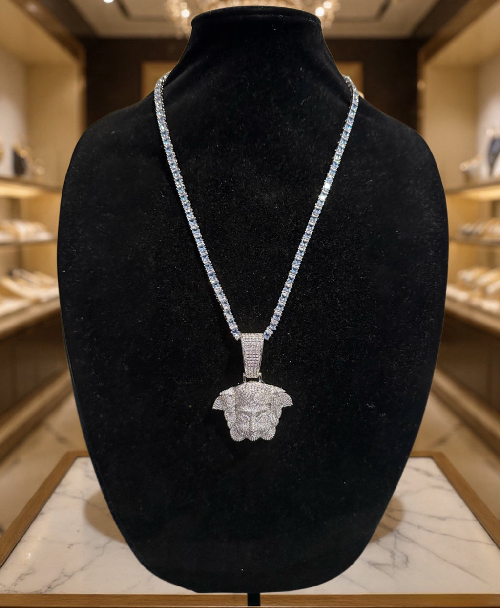 XXL MEDUSA HEAD Pendant 4mm Tennis 98.6ct BAGUETTE Lab Sim VVS1 Diamonds