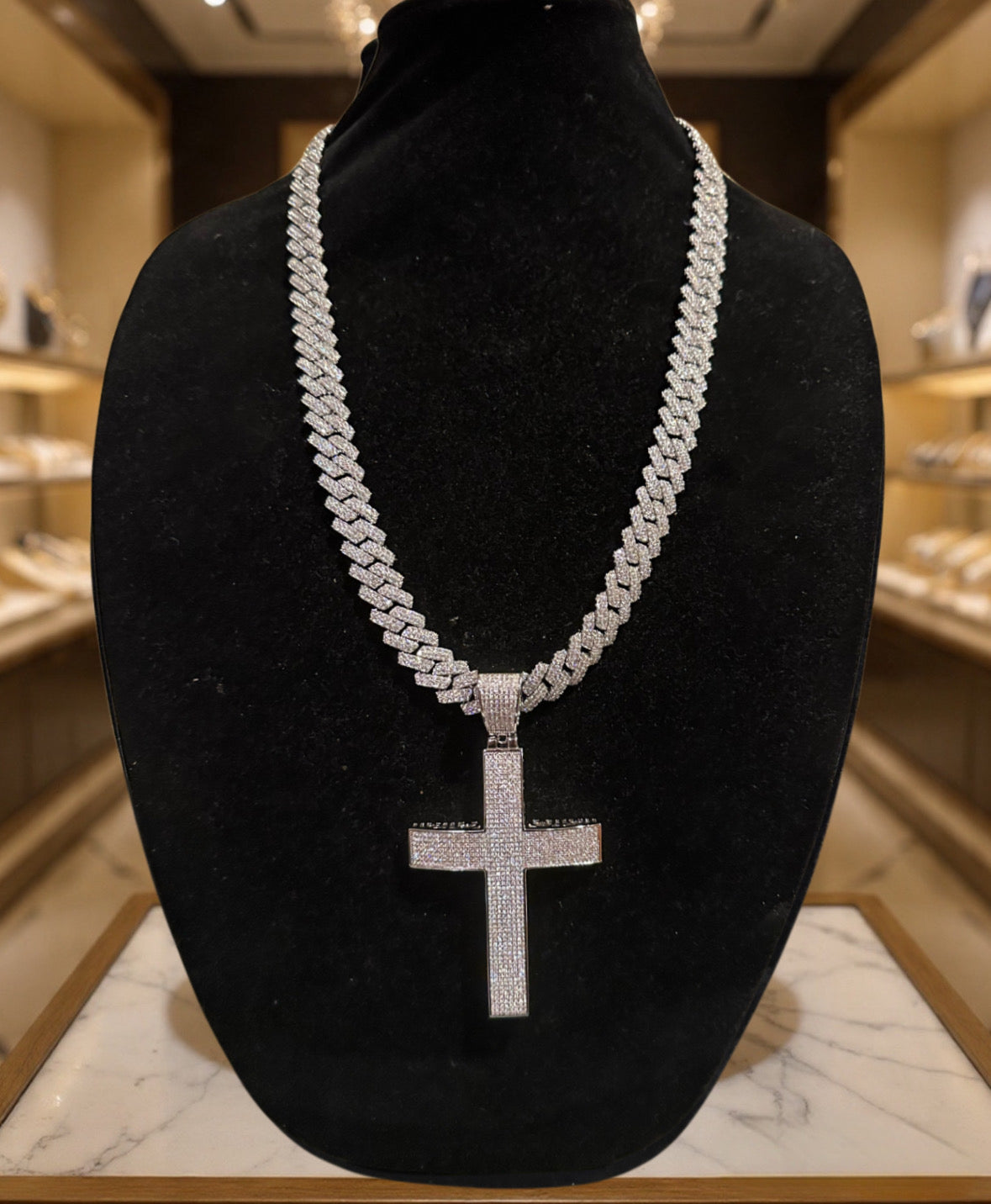 XL Cross Pendant 88.6ct Lab Sim VVS1 Diamond 14mm Cuban Prong Necklace