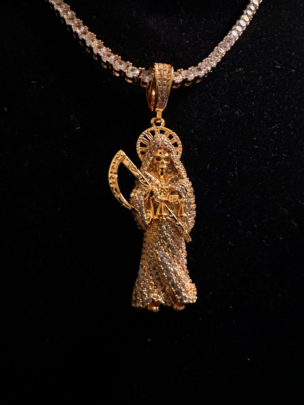 4mm Tennis Chain Necklace 62.8ct Lab Sim Diamond SANTA MUERTE Pendant Gold