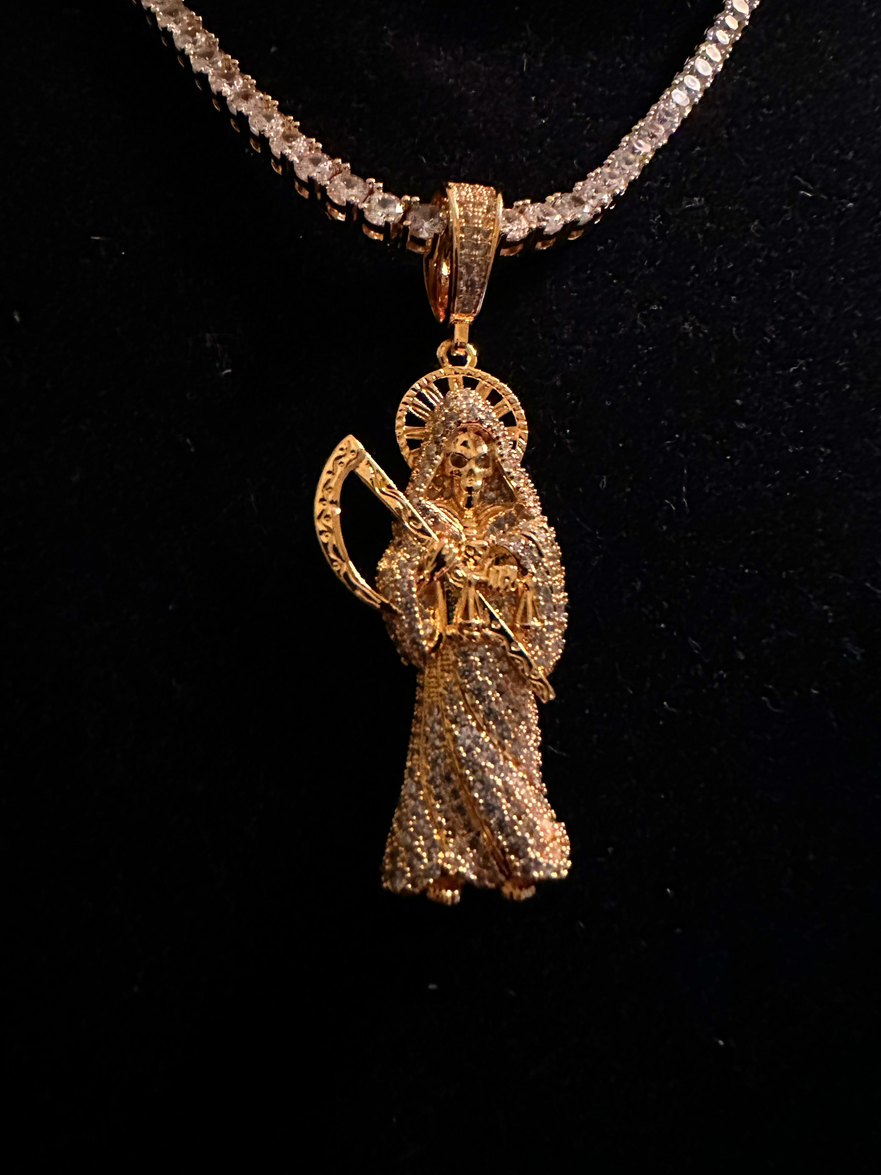 4mm Tennis Chain Necklace 62.8ct Lab Sim Diamond SANTA MUERTE Pendant Gold