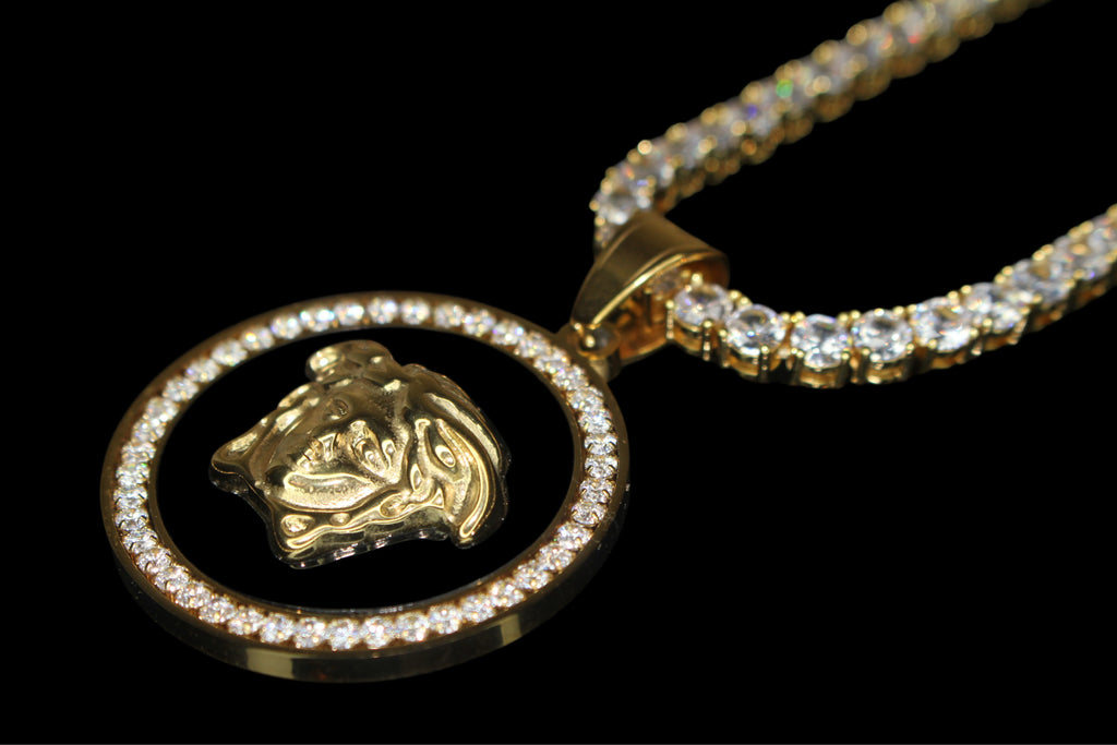 MEDUSA Versace Medallion Pendant 74ct Lab Sim VVS1 Diamond Tennis Necklace Set Gold