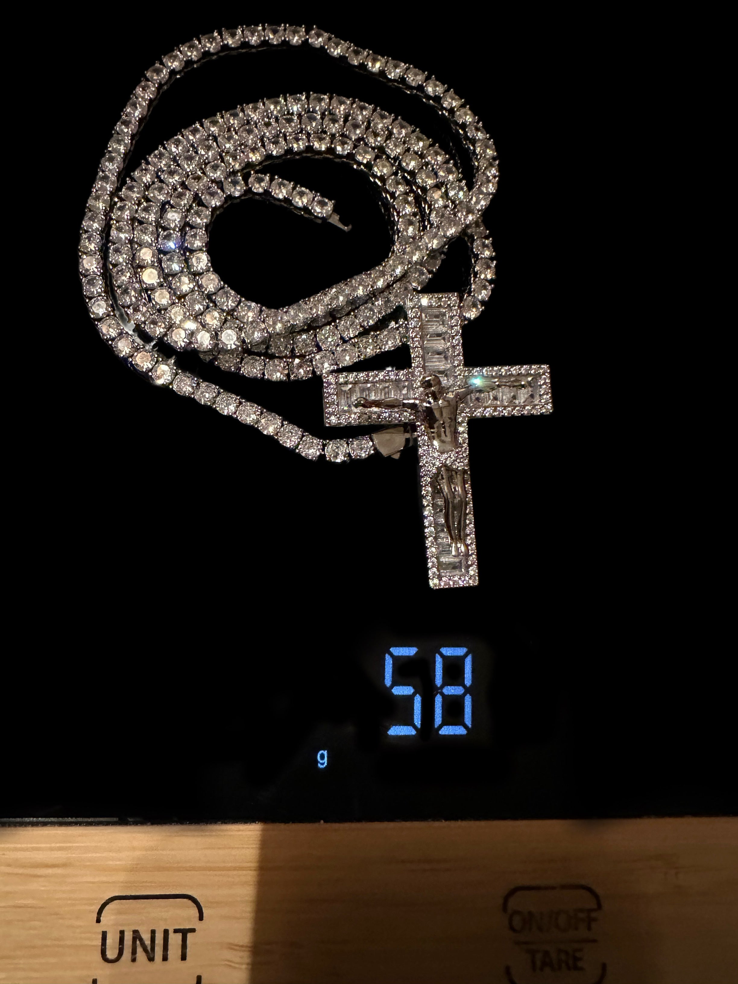 Jesus Cross BAGUETTE 86ct Lab Sim Diamond 4mm Tennis Necklace