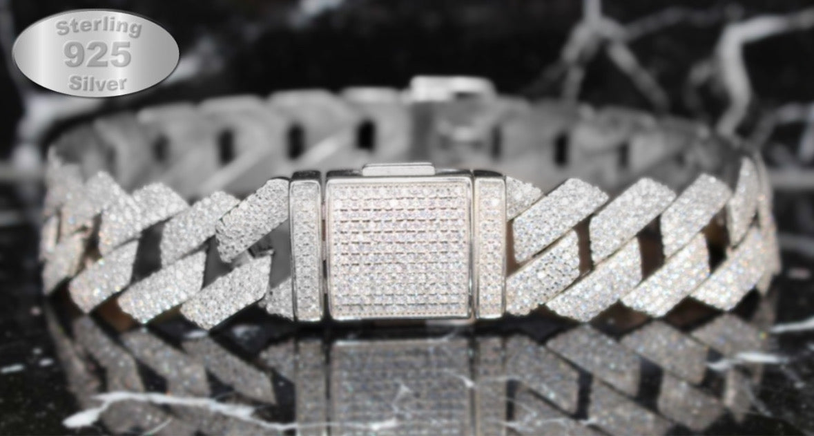 14mm Cuban Miami Prong 925 Sterling Silver Bracelet 15.6ct Lab Sim VVS1 Diamond