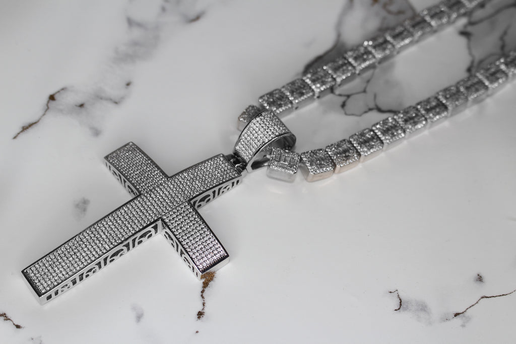 XL Cross Pendant 10mm Baguette Square Cushion-Cut Tennis Chain 144.6ct Lab Sim VVS1 Diamond Necklace