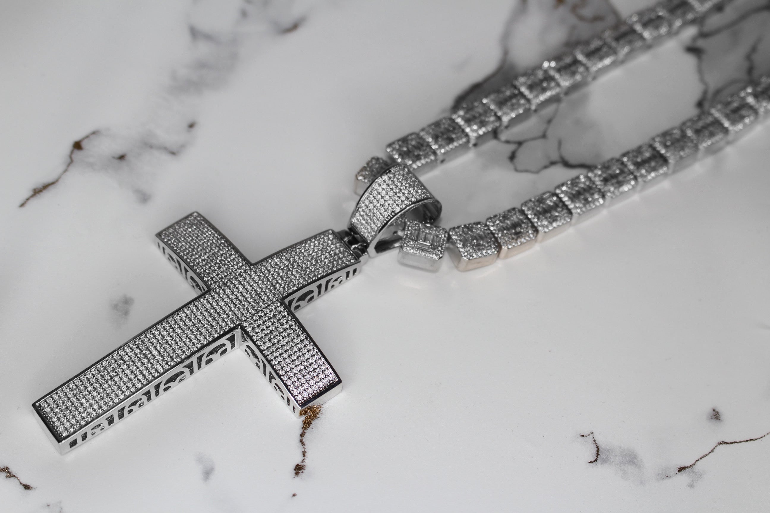 XL Cross Pendant 10mm Baguette Square Cushion-Cut Tennis Chain 144.6ct Lab Sim VVS1 Diamond Necklace