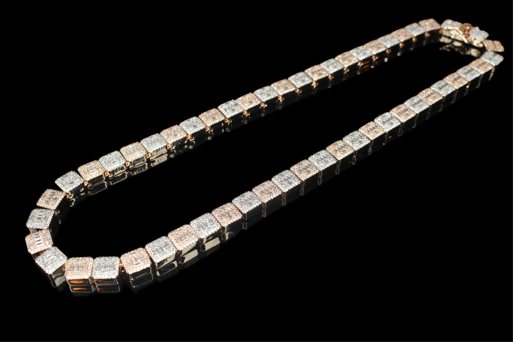 10mm Baguette Square Cushion-Cut Tennis Chain 124.6ct Lab Sim VVS1 Diamond Necklace - Rose/White Gold