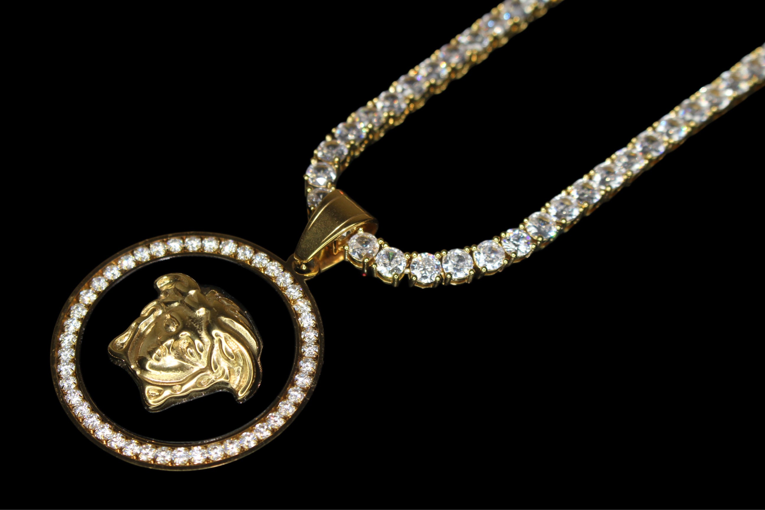 MEDUSA Versace Medallion Pendant 74ct Lab Sim VVS1 Diamond Tennis Necklace Set Gold
