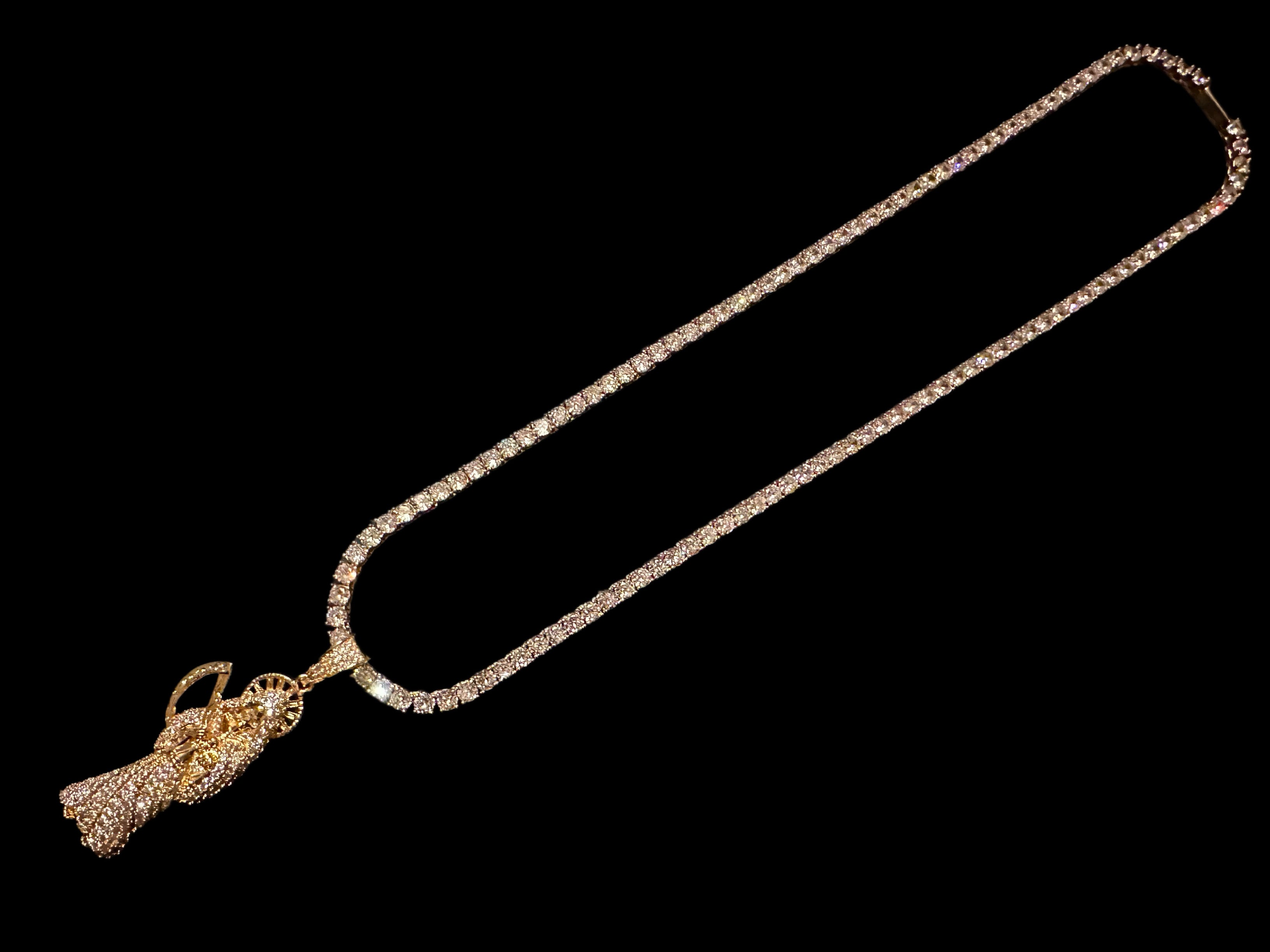 4mm Tennis Chain Necklace 62.8ct Lab Sim Diamond SANTA MUERTE Pendant Gold