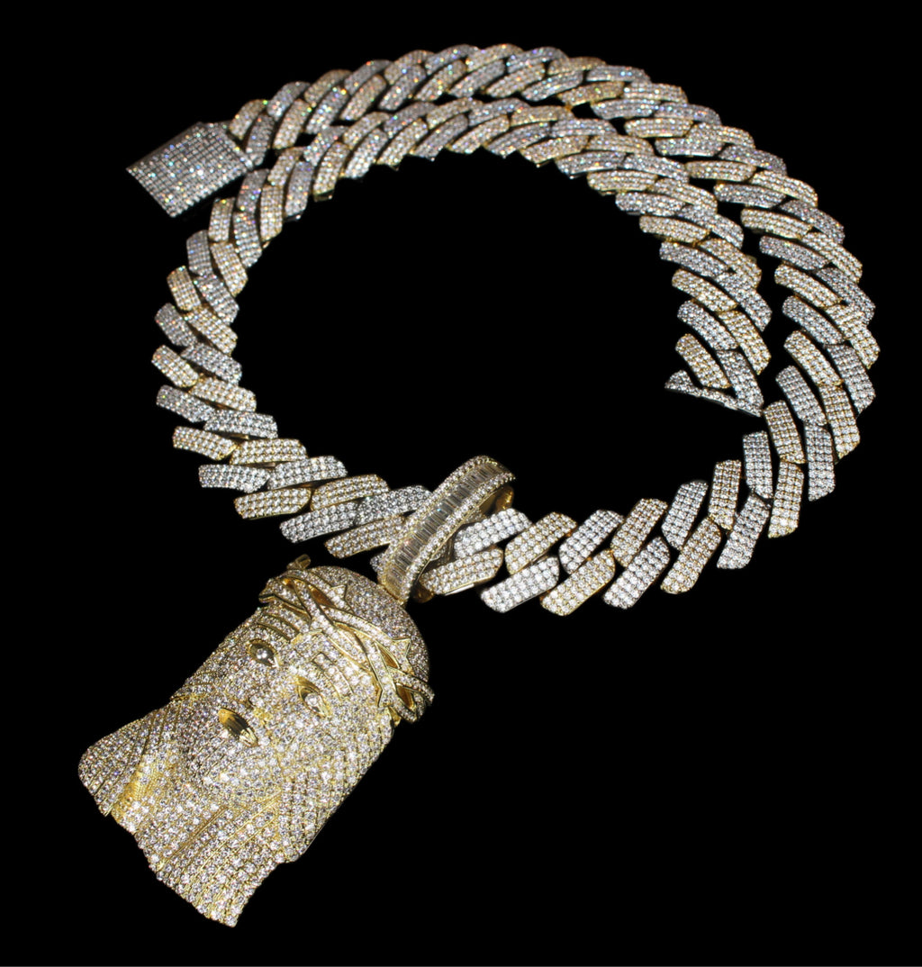 XXL Jesus Pendant 20mm Cuban Miami 186.7ct Lab Sim VVS1 Diamond Necklace SET 2-Tone Gold