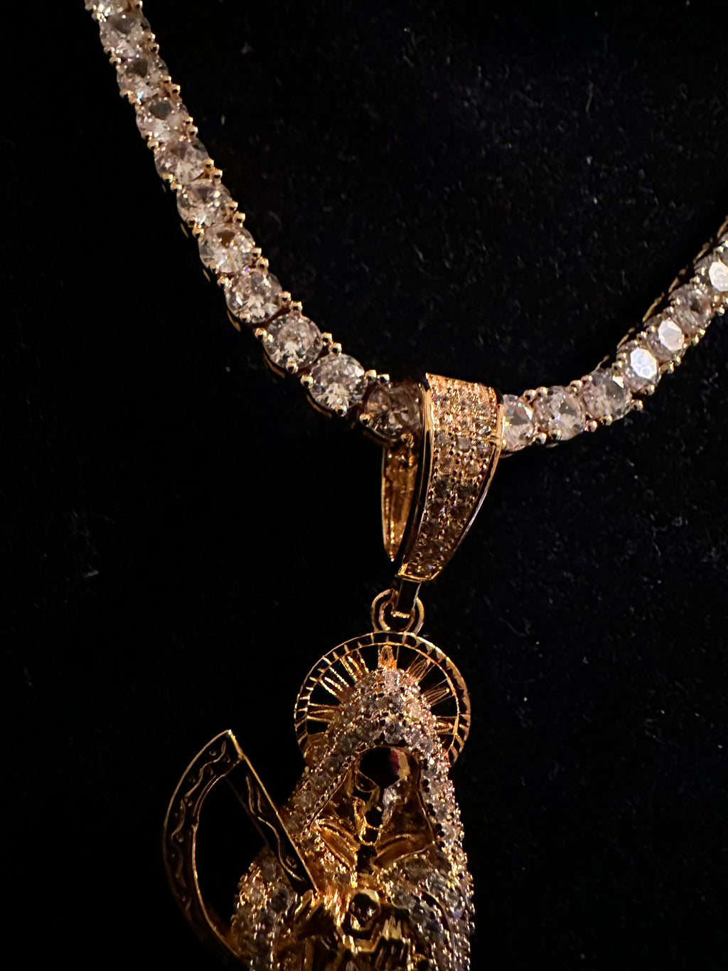 4mm Tennis Chain Necklace 62.8ct Lab Sim Diamond SANTA MUERTE Pendant Gold