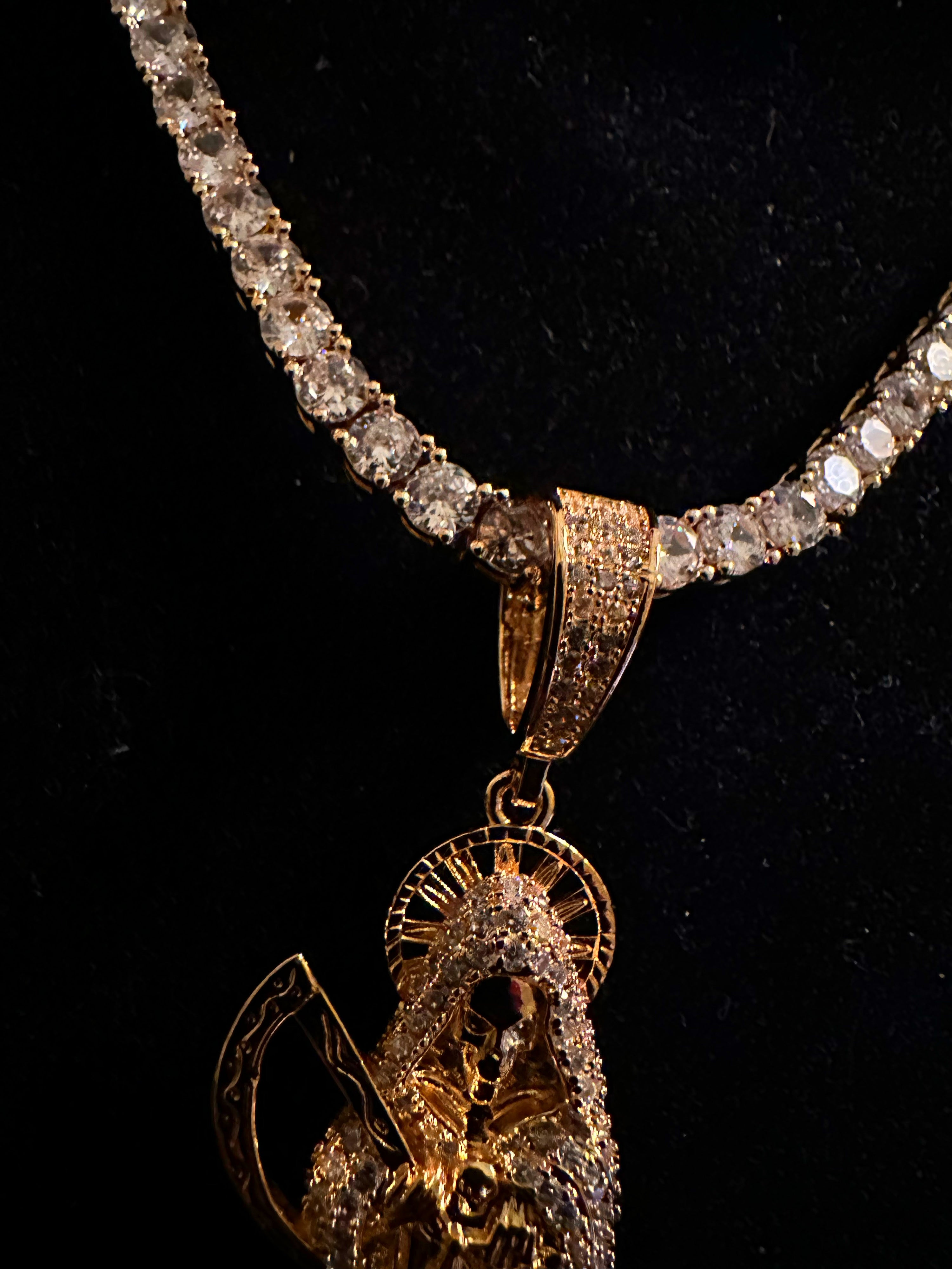 4mm Tennis Chain Necklace 62.8ct Lab Sim Diamond SANTA MUERTE Pendant Gold