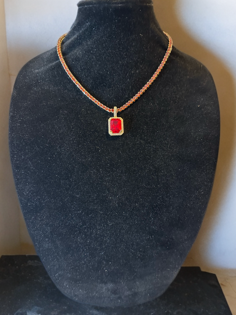 4mm Ruby Red Tennis Chain Necklace 62ct Lab Sim Diamond Pendant - Red SAPPHIRE