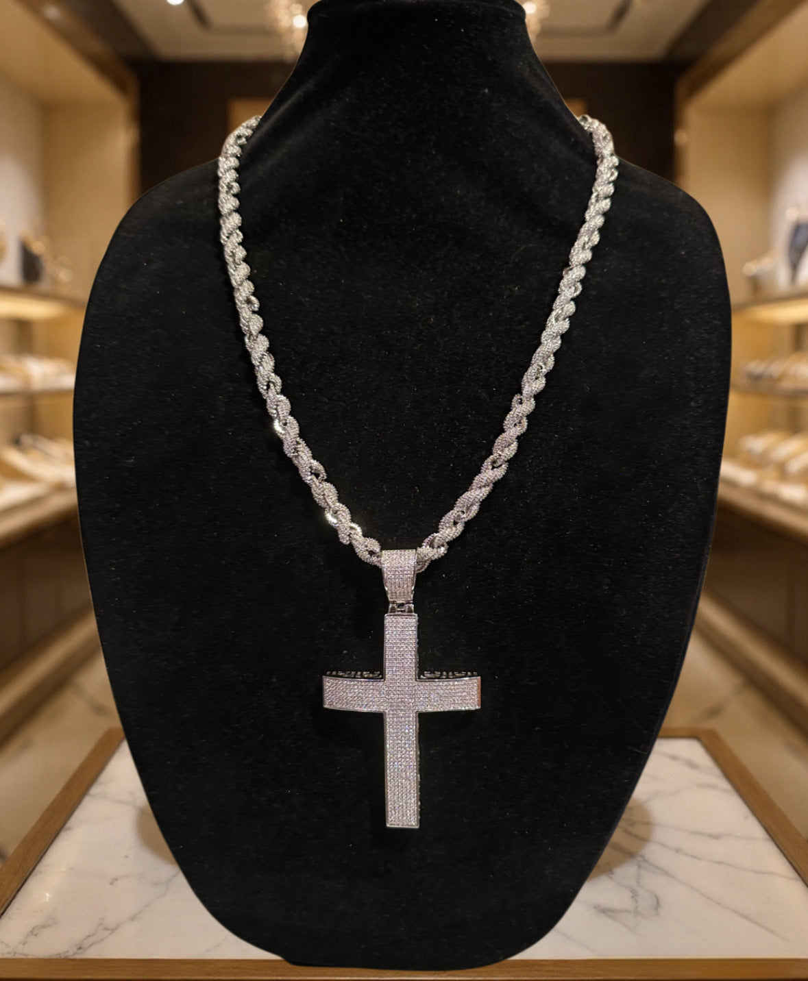 XL Cross Pendant 8mm Rope 75.8ct Lab Sim VVS1 Diamond Necklace
