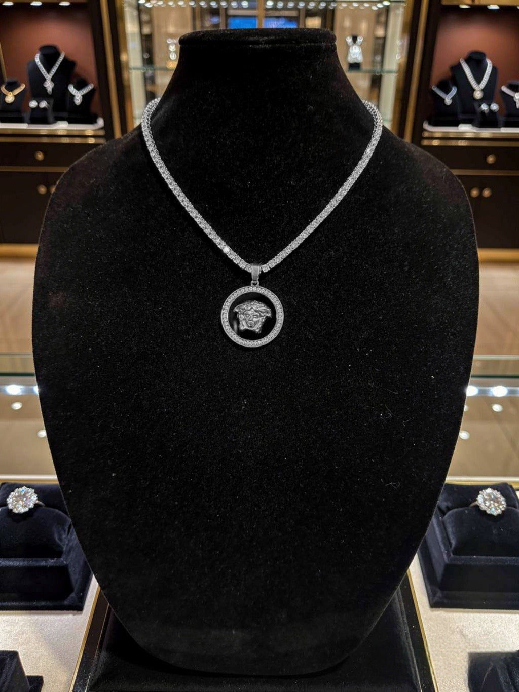MEDUSA Versace Medallion Pendant 74ct Lab Sim VVS1 Diamond Tennis Necklace Set