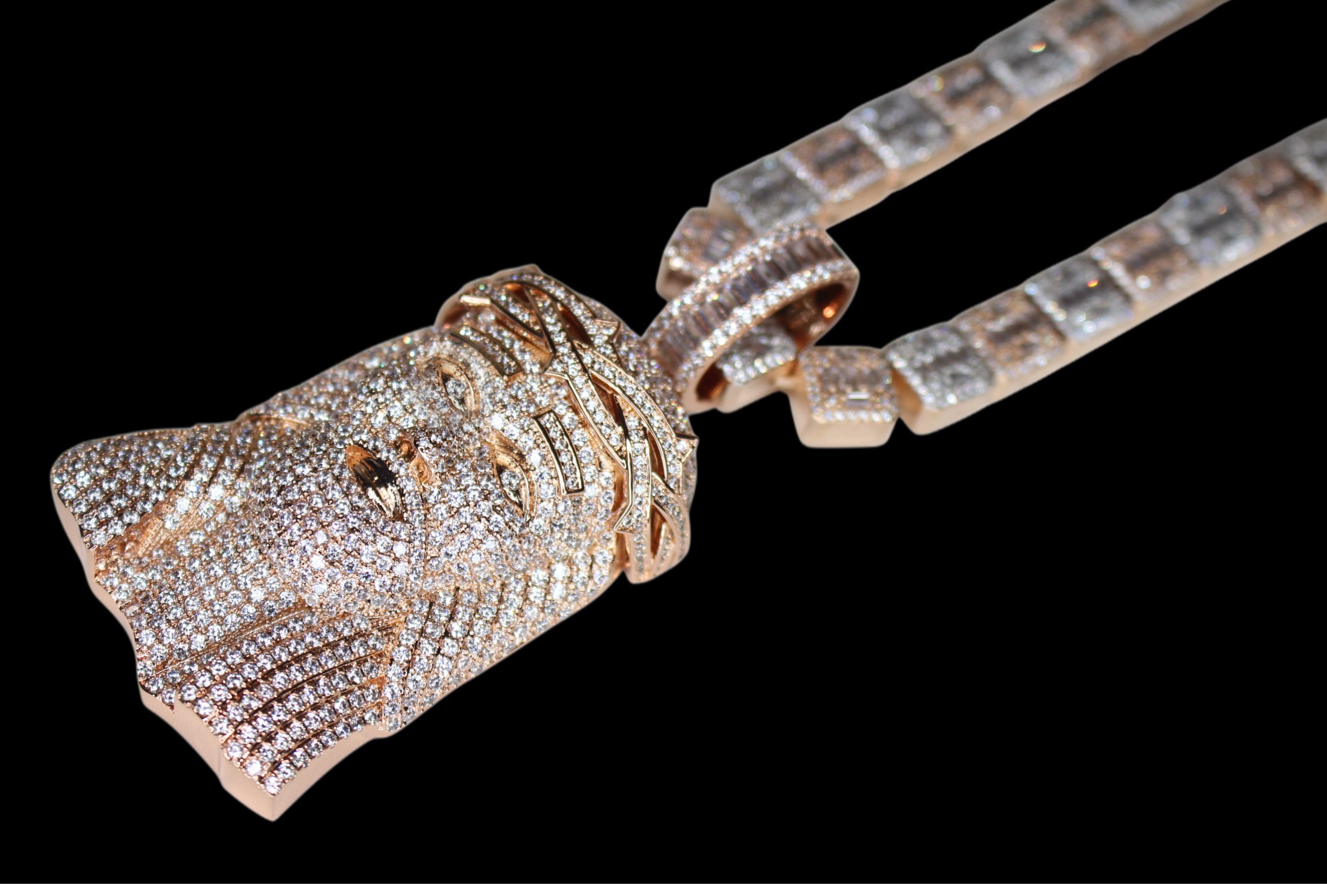 XXL Jesus Pendant 149ct Lab Sim VVS1 Diamond 12mm Tennis Baguette Necklace - Rose Gold 2-Tone