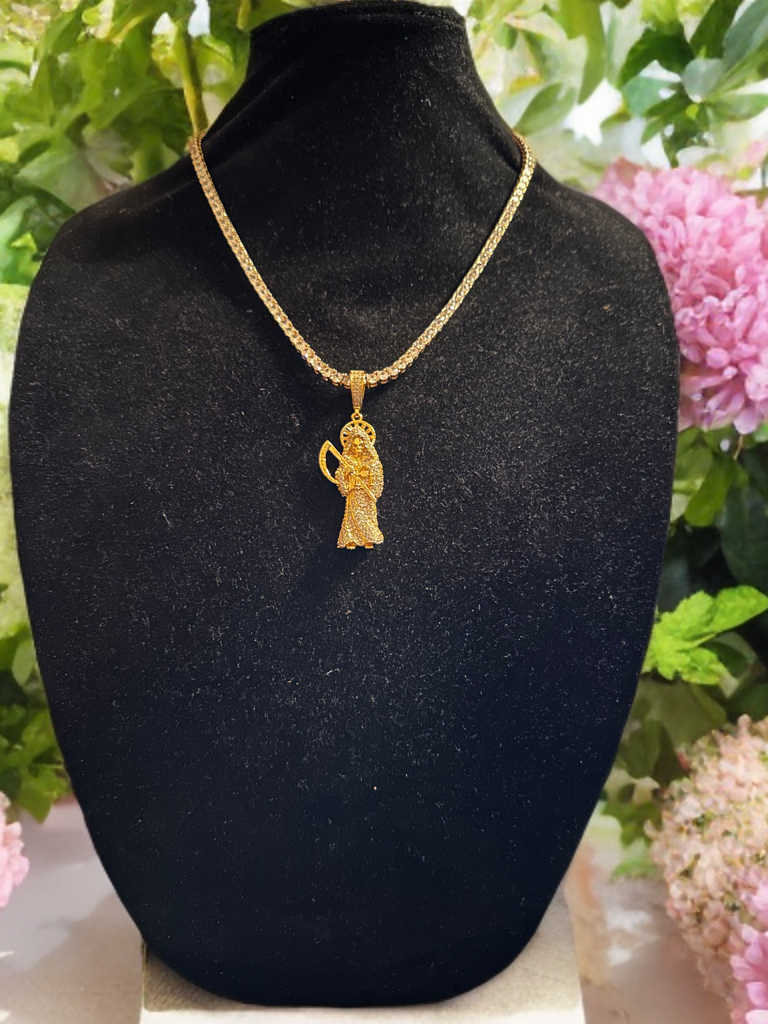 4mm Tennis Chain Necklace 62.8ct Lab Sim Diamond SANTA MUERTE Pendant Gold