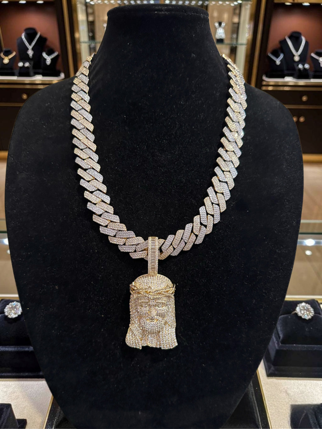XXL Jesus Pendant 20mm Cuban Miami 186.7ct Lab Sim VVS1 Diamond Necklace SET 2-Tone Gold