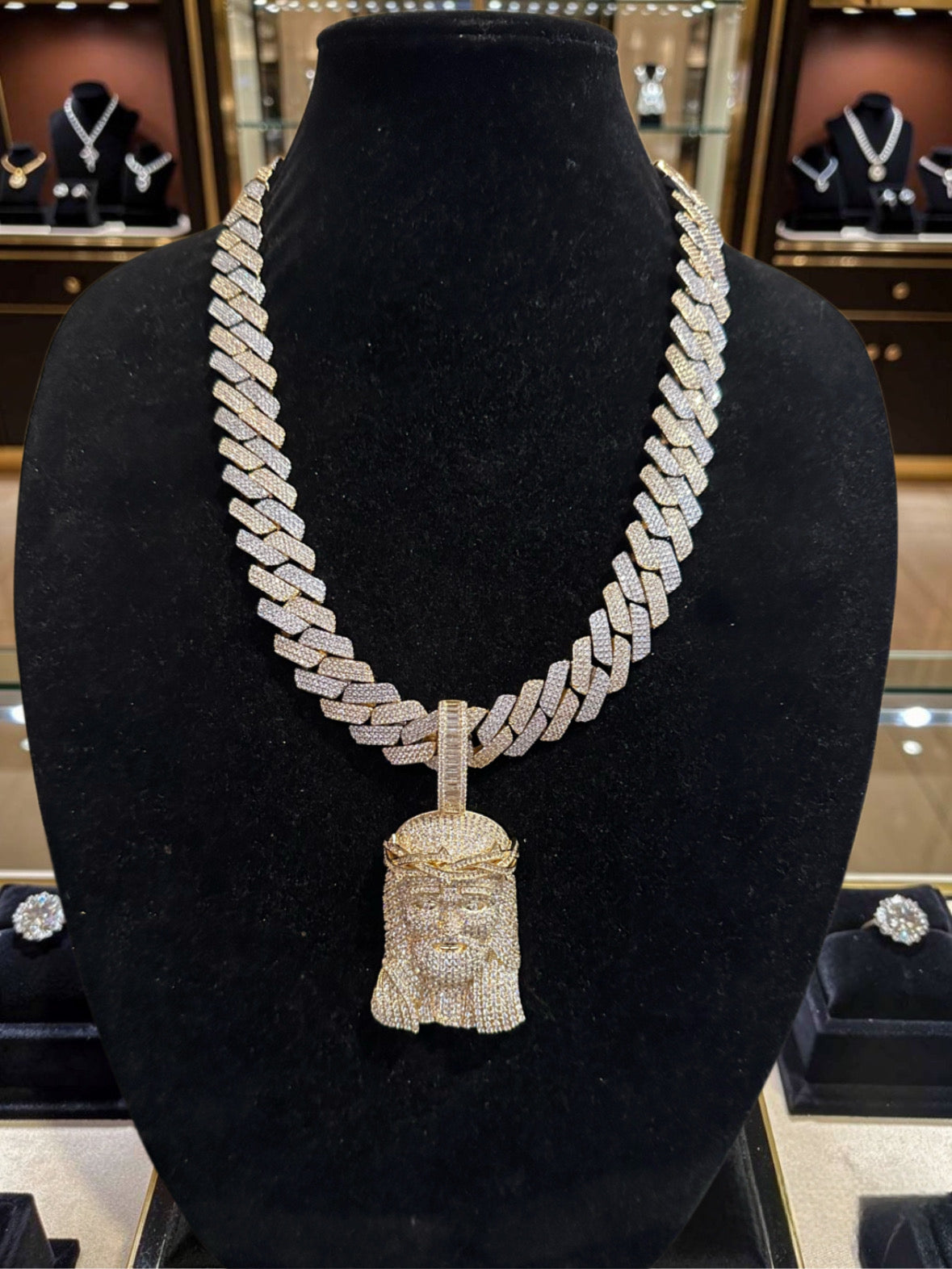 XXL Jesus Pendant 20mm Cuban Miami 186.7ct Lab Sim VVS1 Diamond Necklace SET 2-Tone Gold