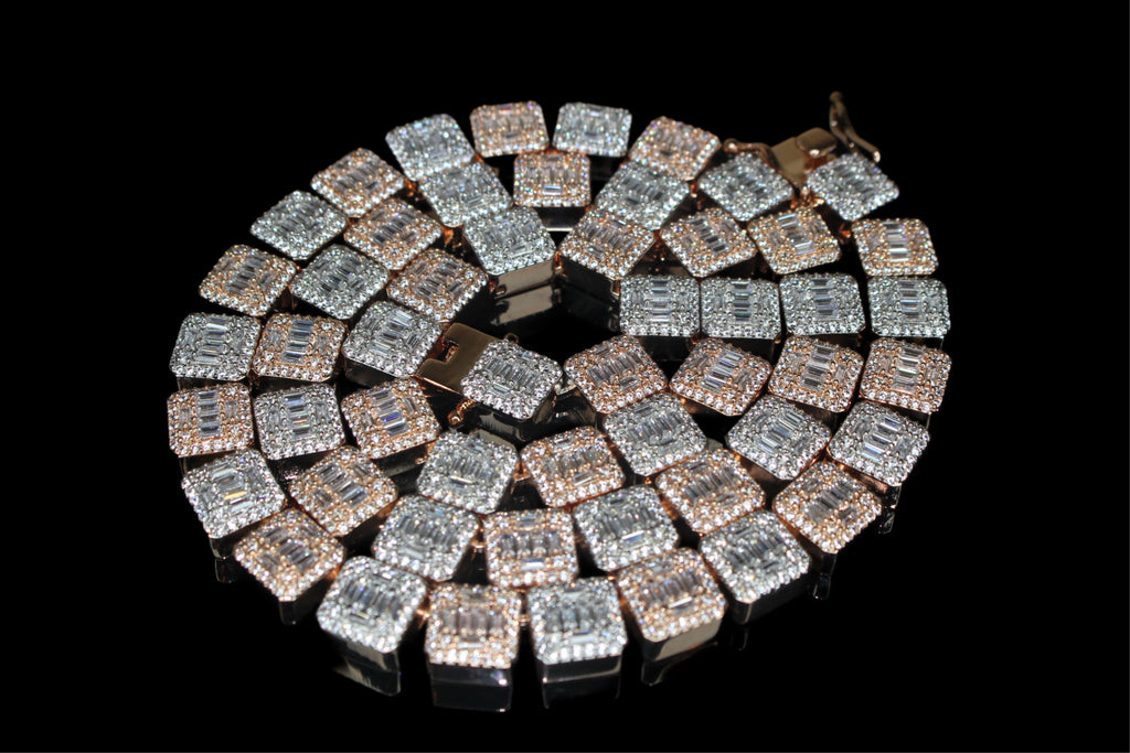 10mm Baguette Square Cushion-Cut Tennis Chain 124.6ct Lab Sim VVS1 Diamond Necklace - Rose/White Gold