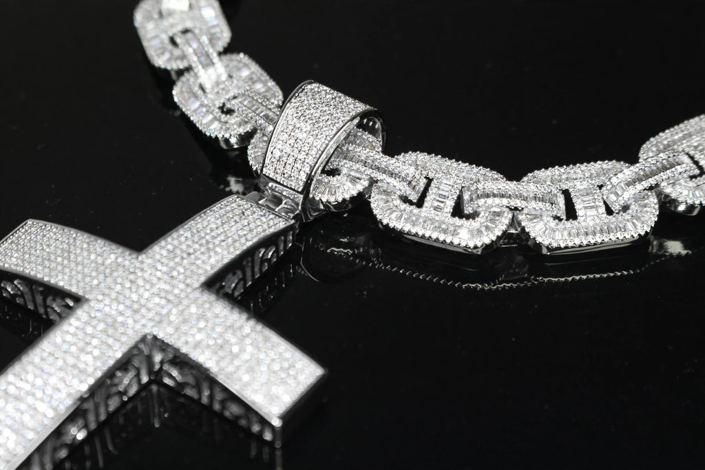 XXL CROSS 14mm Mariner Chain 96.8ct BAGUETTE Lab Sim VVS1 Diamond
