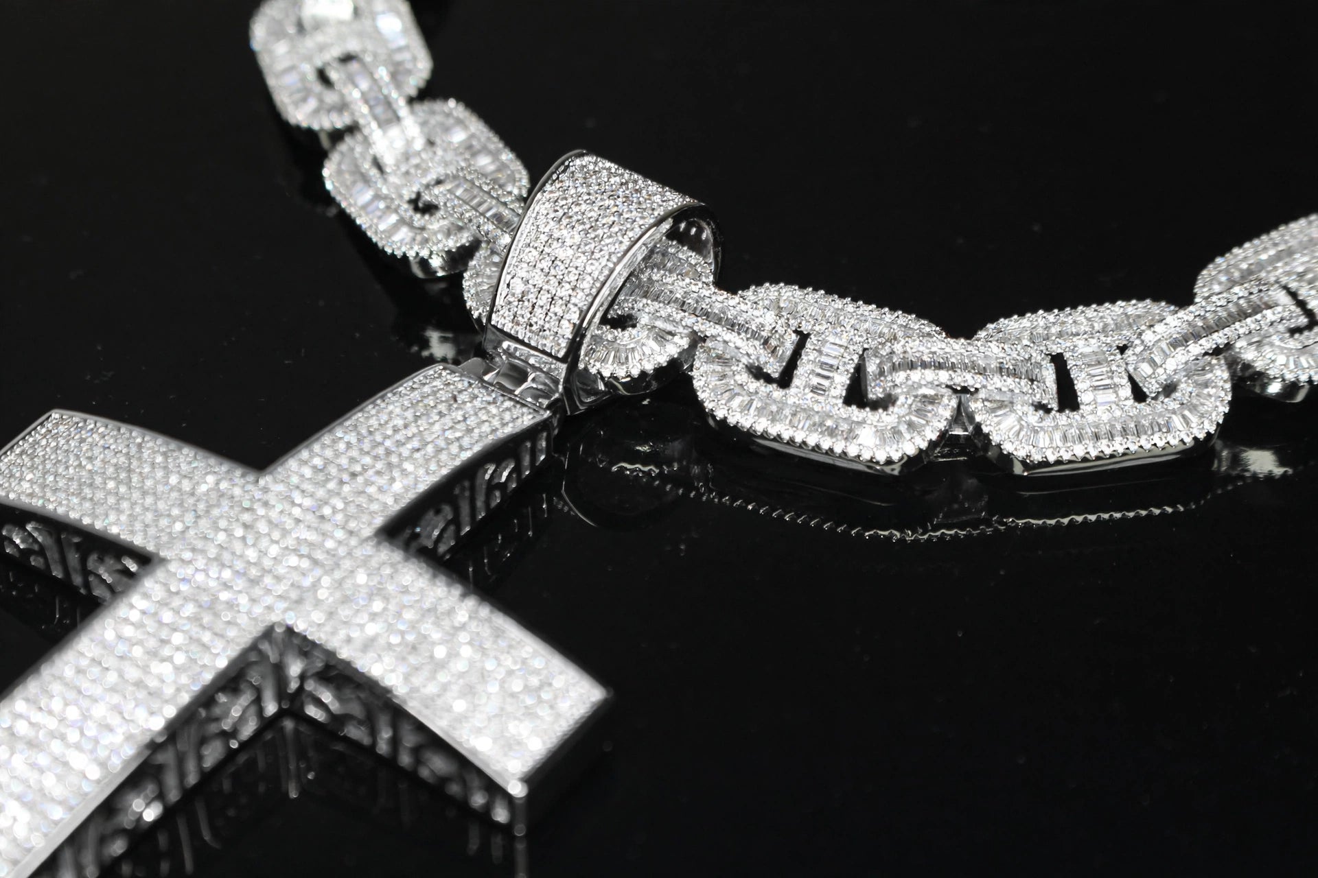 XXL CROSS 14mm Mariner Chain 96.8ct BAGUETTE Lab Sim VVS1 Diamond