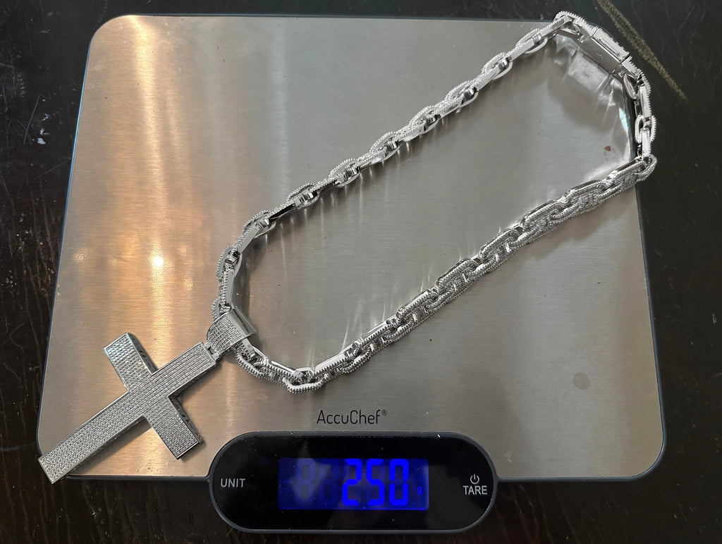 XXL CROSS 14mm Mariner Chain 96.8ct BAGUETTE Lab Sim VVS1 Diamond