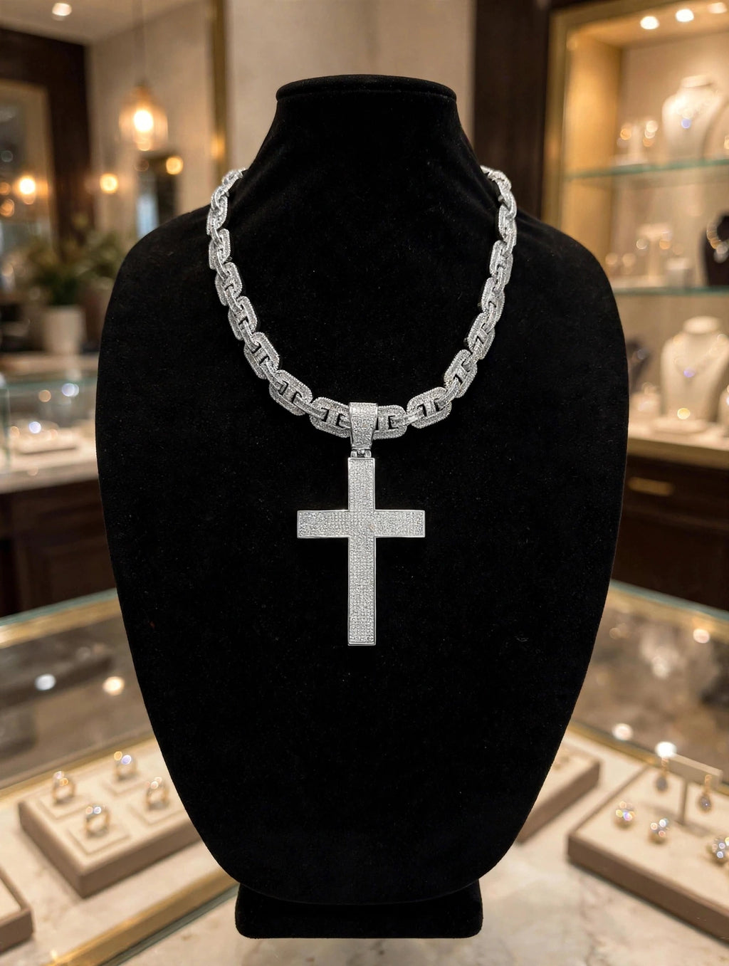 XXL CROSS 14mm Mariner Chain 96.8ct BAGUETTE Lab Sim VVS1 Diamond