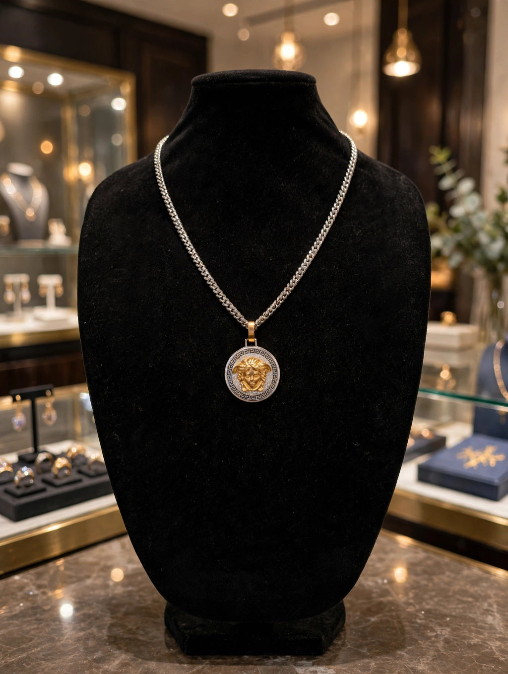 MEDUSA 2-Tone Versace Medallion Pendant Cuban Miami Lab Sim VVS1 Diamond Necklace Set