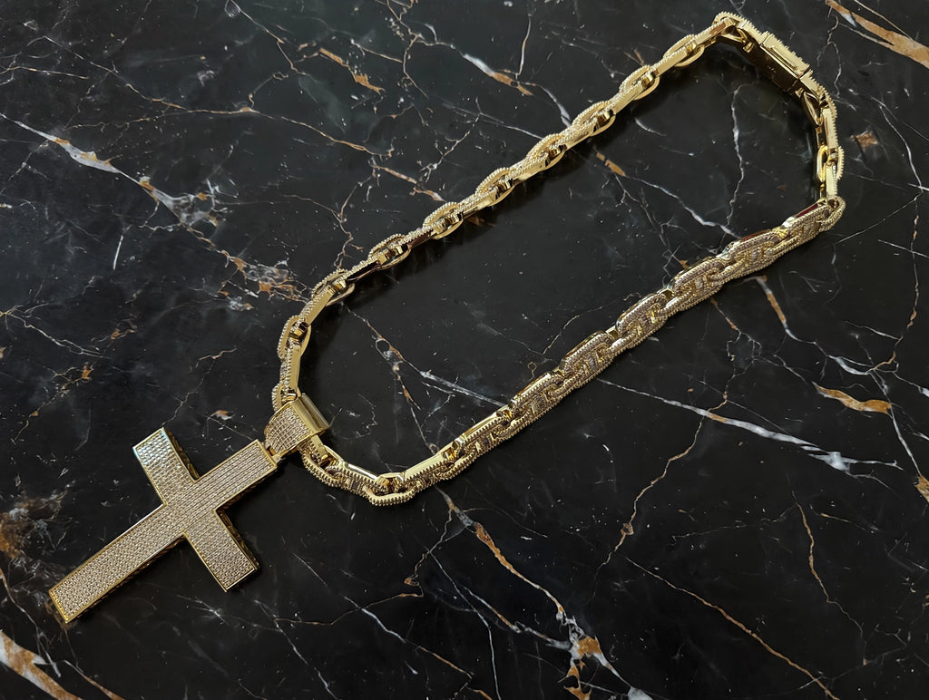 XXL CROSS 14mm Mariner Chain 96.8ct BAGUETTE Lab Sim VVS1 Diamond - GOLD