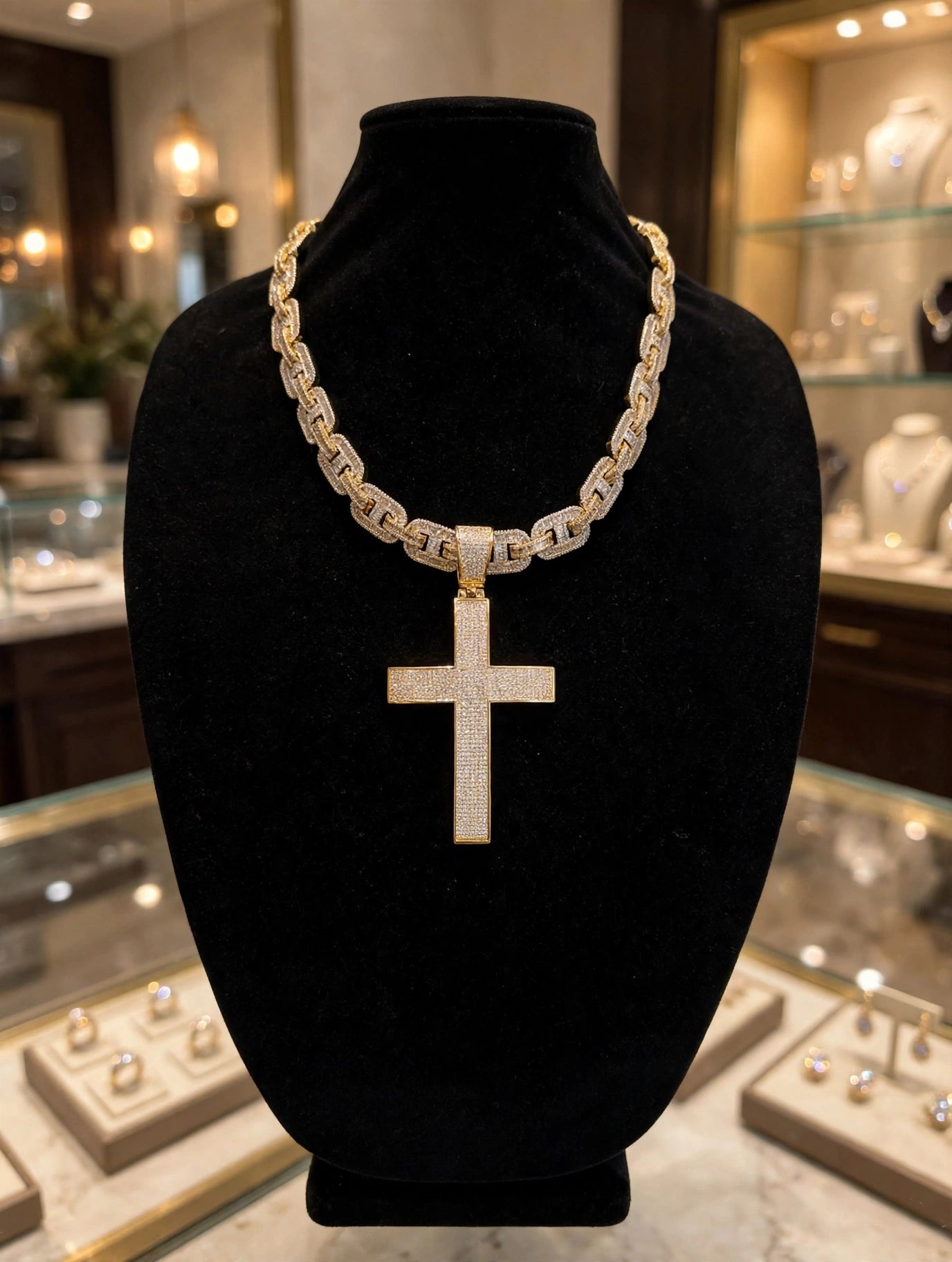 XXL CROSS 14mm Mariner Chain 96.8ct BAGUETTE Lab Sim VVS1 Diamond - GOLD