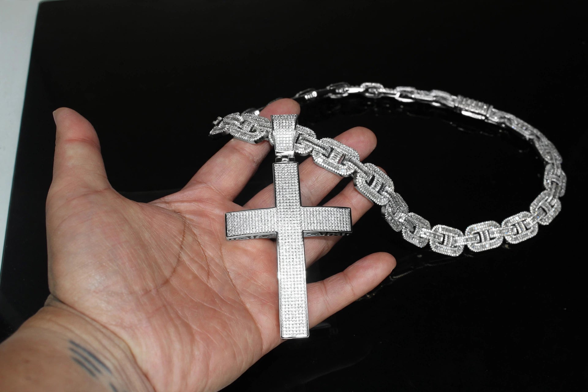 XXL CROSS 14mm Mariner Chain 96.8ct BAGUETTE Lab Sim VVS1 Diamond