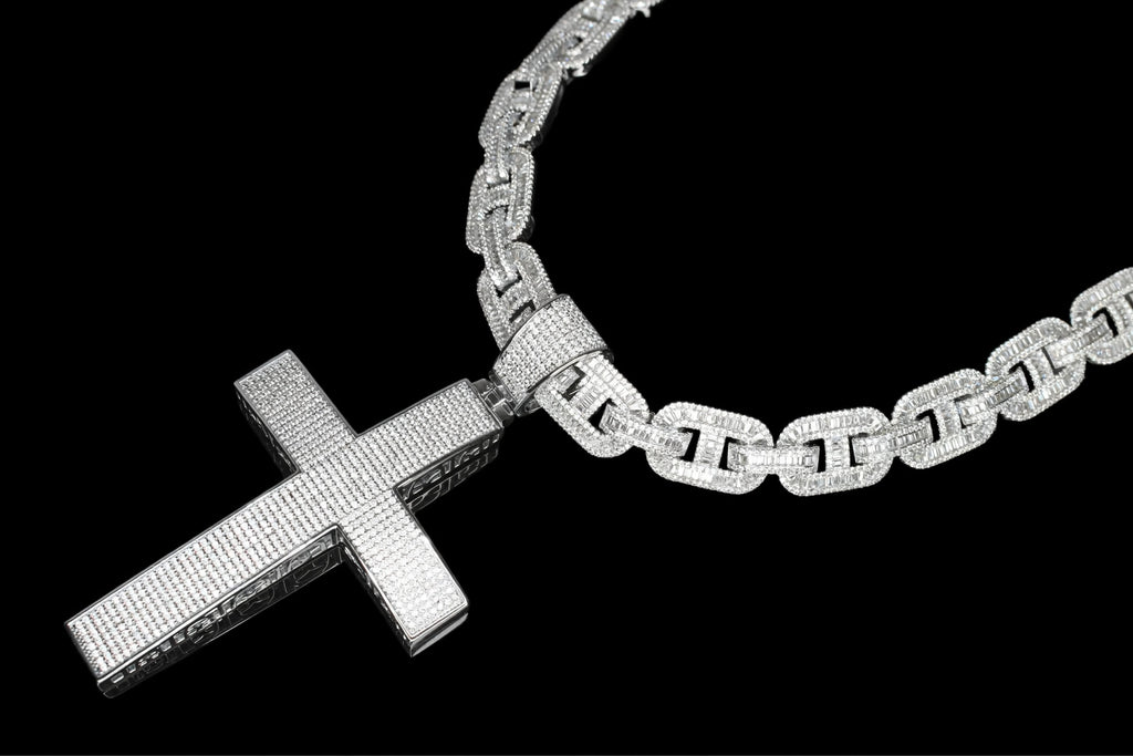 XXL CROSS 14mm Mariner Chain 96.8ct BAGUETTE Lab Sim VVS1 Diamond