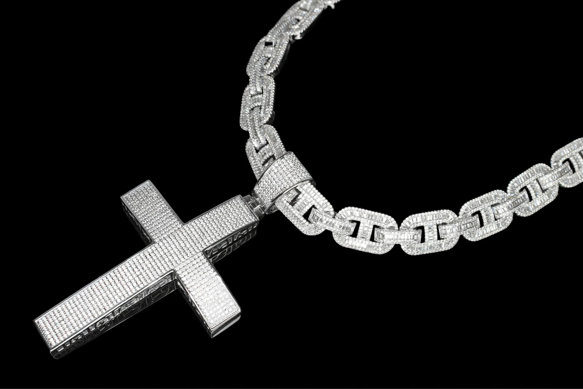 XXL CROSS 14mm Mariner Chain 96.8ct BAGUETTE Lab Sim VVS1 Diamond