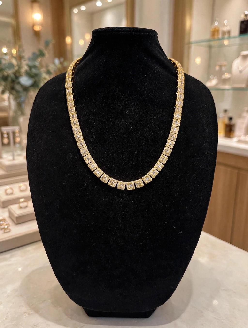 10mm Baguette Square Cushion-Cut Tennis Chain 124.6ct Lab Sim VVS1 Diamond Necklace - Gold
