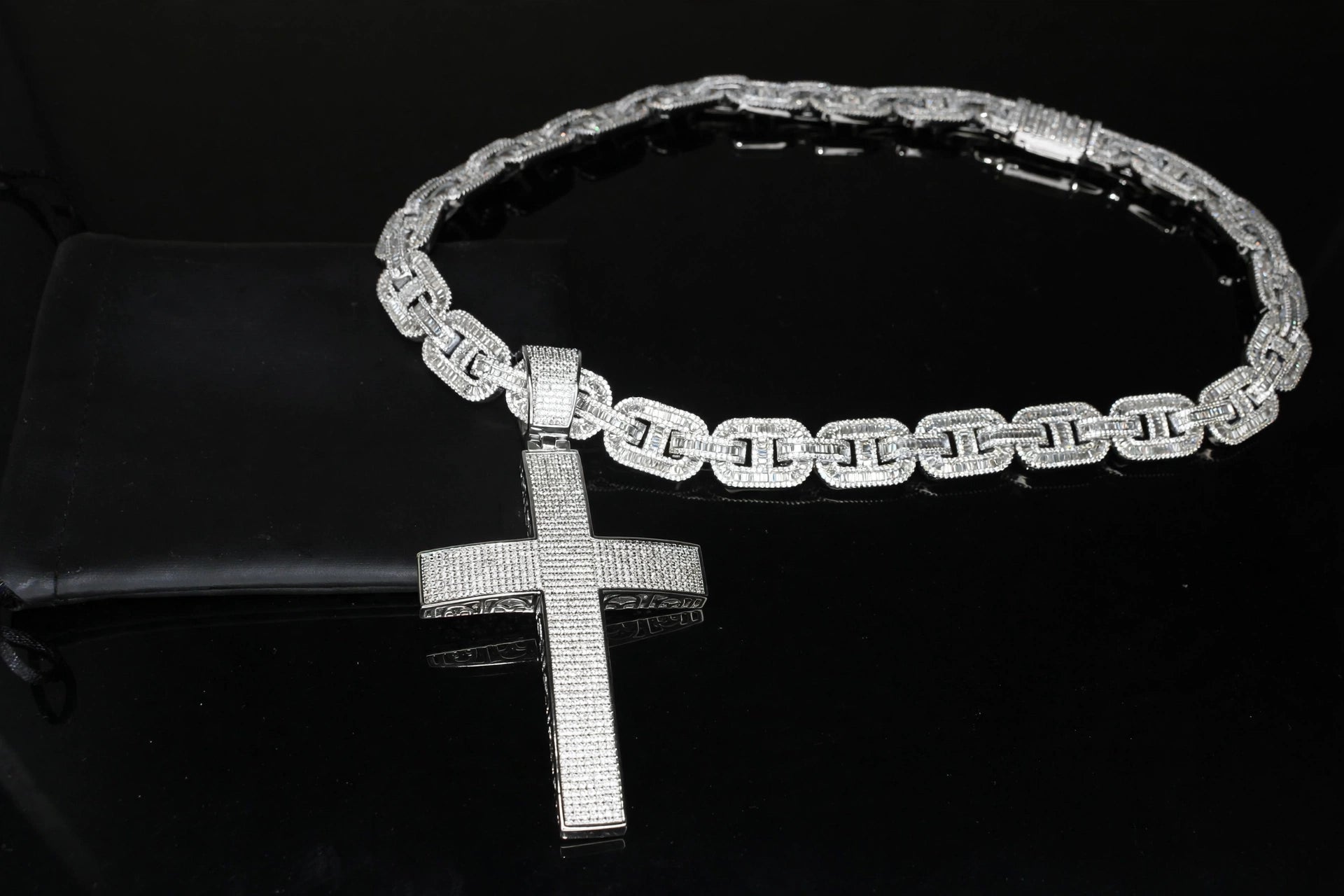 XXL CROSS 14mm Mariner Chain 96.8ct BAGUETTE Lab Sim VVS1 Diamond