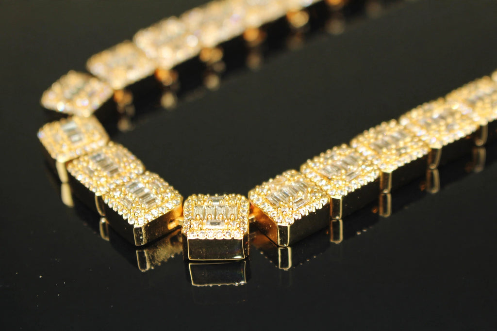 10mm Baguette Square Cushion-Cut Tennis Chain 124.6ct Lab Sim VVS1 Diamond Necklace - Gold