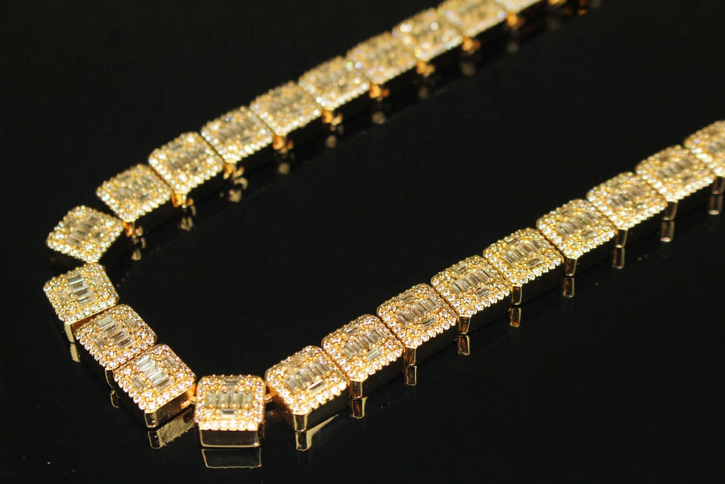 10mm Baguette Square Cushion-Cut Tennis Chain 124.6ct Lab Sim VVS1 Diamond Necklace - Gold