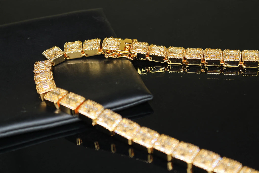 10mm Baguette Square Cushion-Cut Tennis Chain 124.6ct Lab Sim VVS1 Diamond Necklace - Gold
