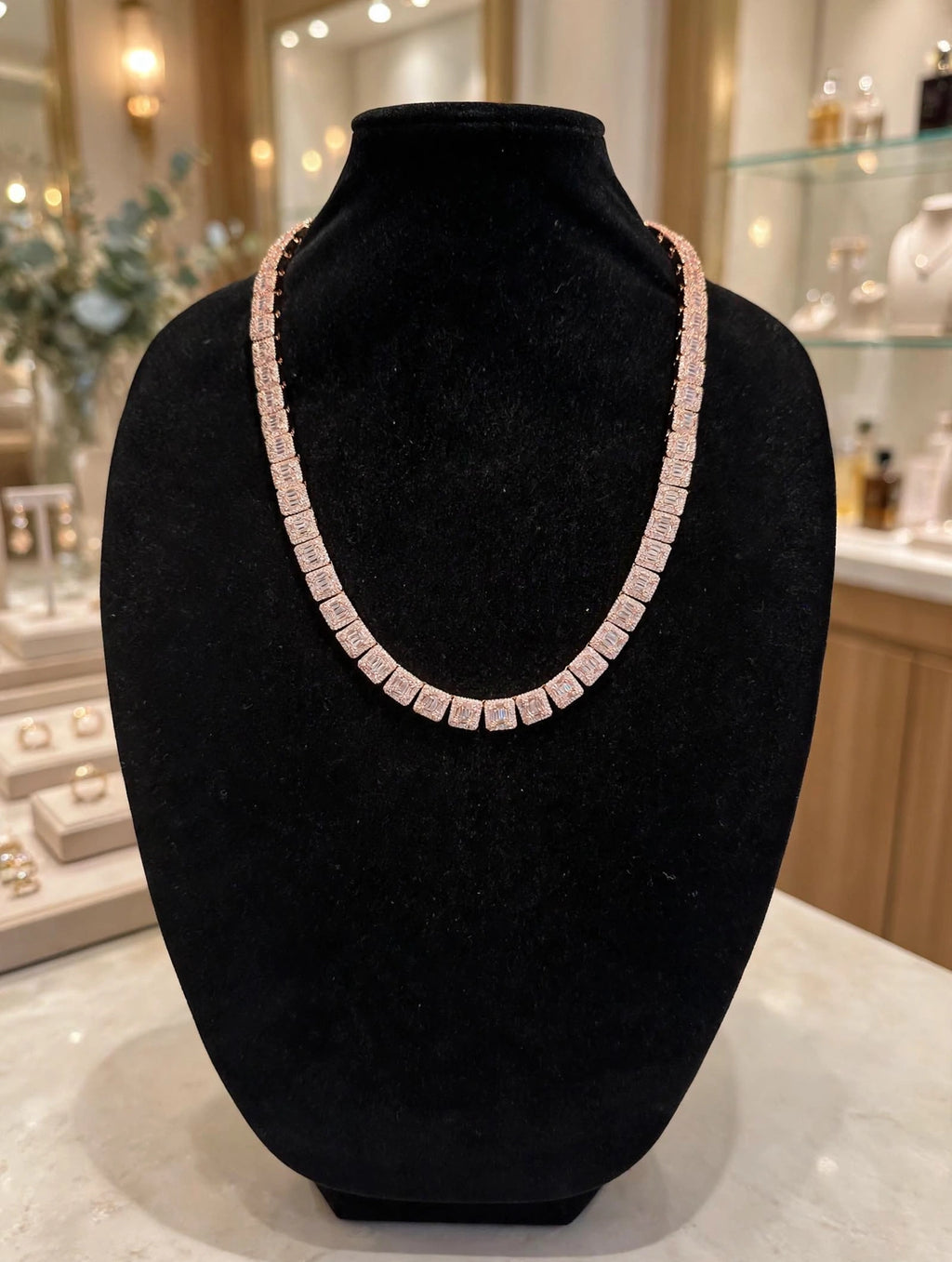 10mm Baguette Square Cushion-Cut Tennis Chain 124.6ct Lab Sim VVS1 Diamond Necklace - Rose Gold