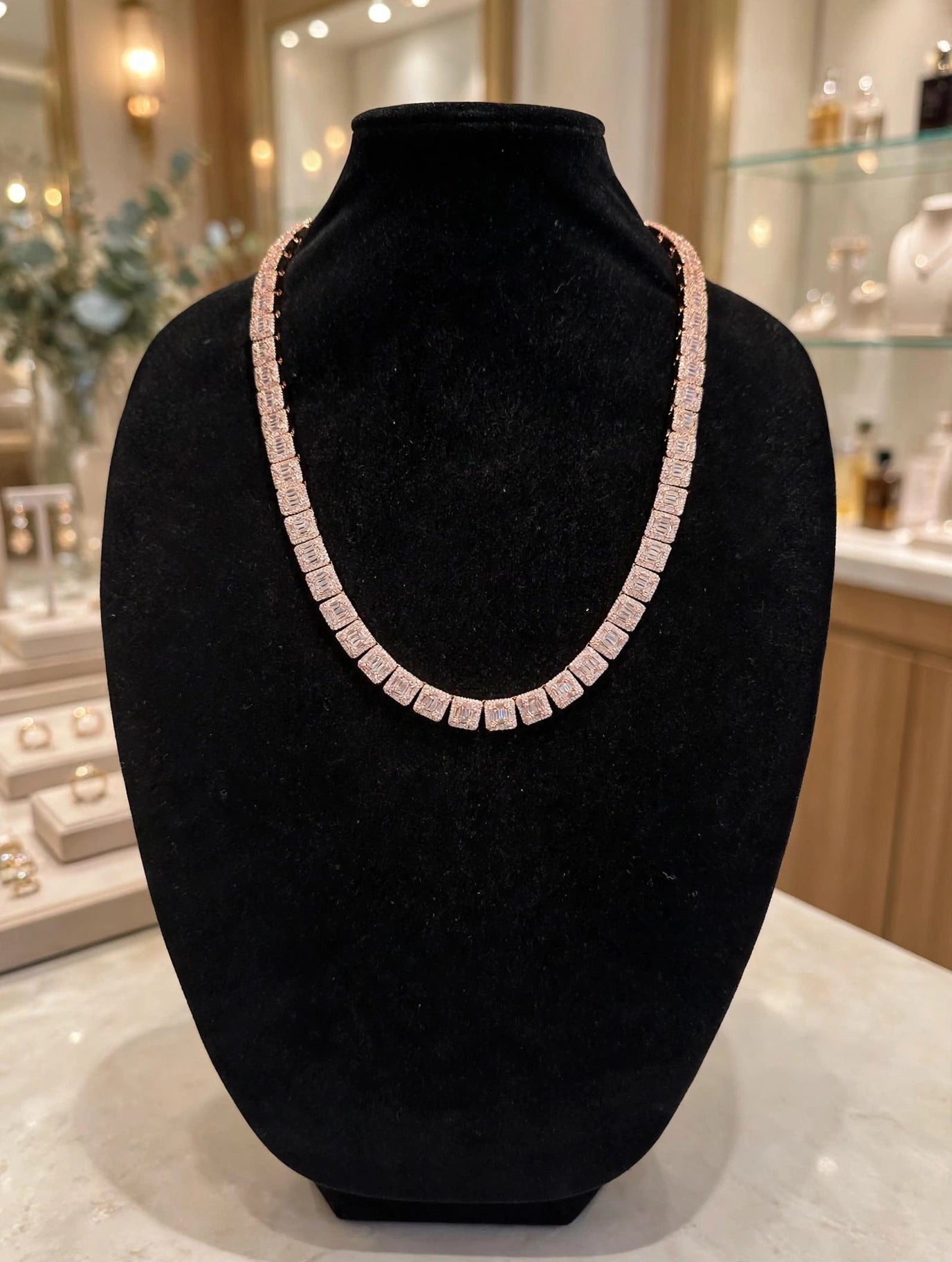 10mm Baguette Square Cushion-Cut Tennis Chain 124.6ct Lab Sim VVS1 Diamond Necklace - Rose Gold