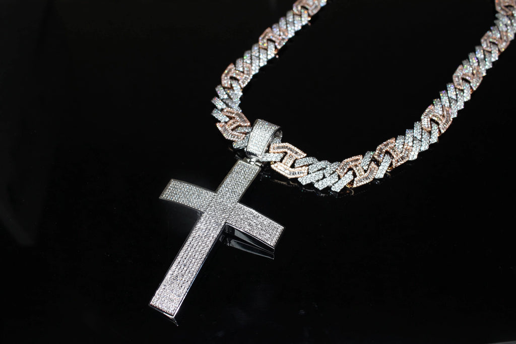 XL CROSS Pendant 14mm Figarucci 98.6ct Lab Sim VVS1 Diamond Necklace - Two Tone White/Rose Gold