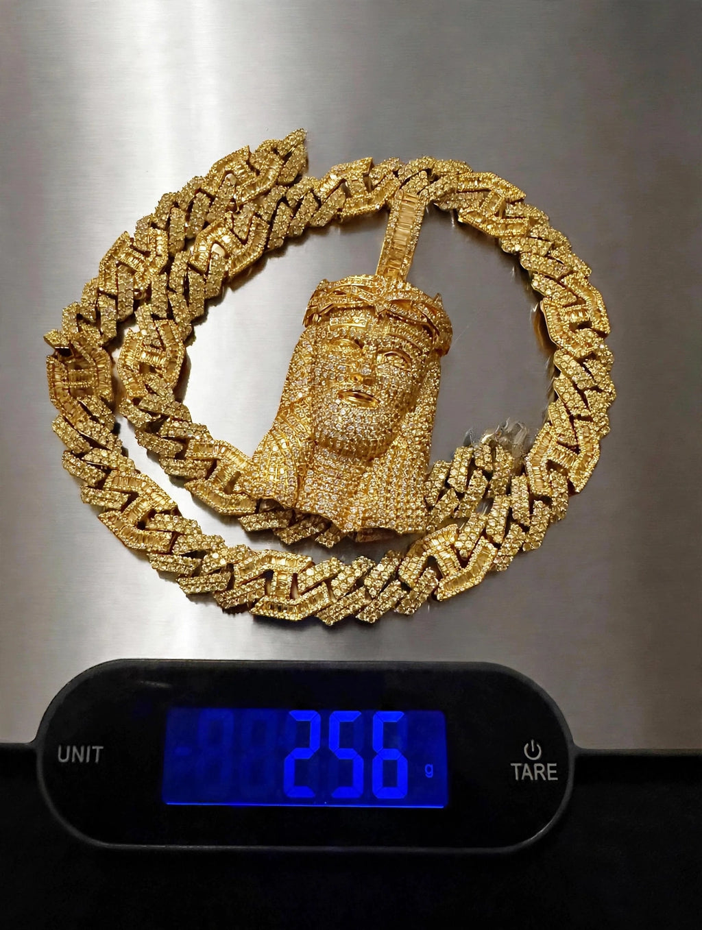 XXL JESUS Pendant 14mm Figarucci 98.6ct Lab Sim VVS1 Diamond Necklace - Gold