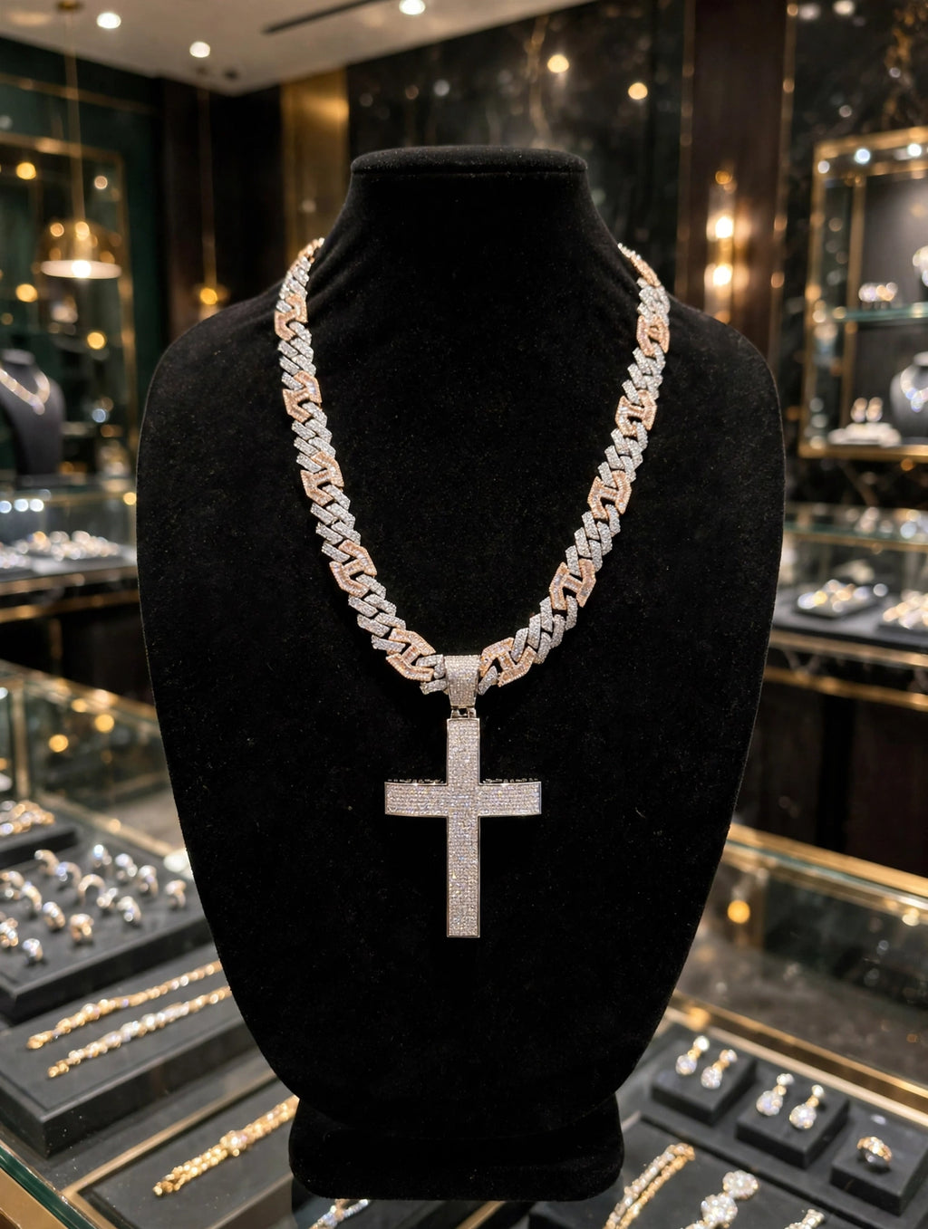 XL CROSS Pendant 14mm Figarucci 98.6ct Lab Sim VVS1 Diamond Necklace - Two Tone White/Rose Gold