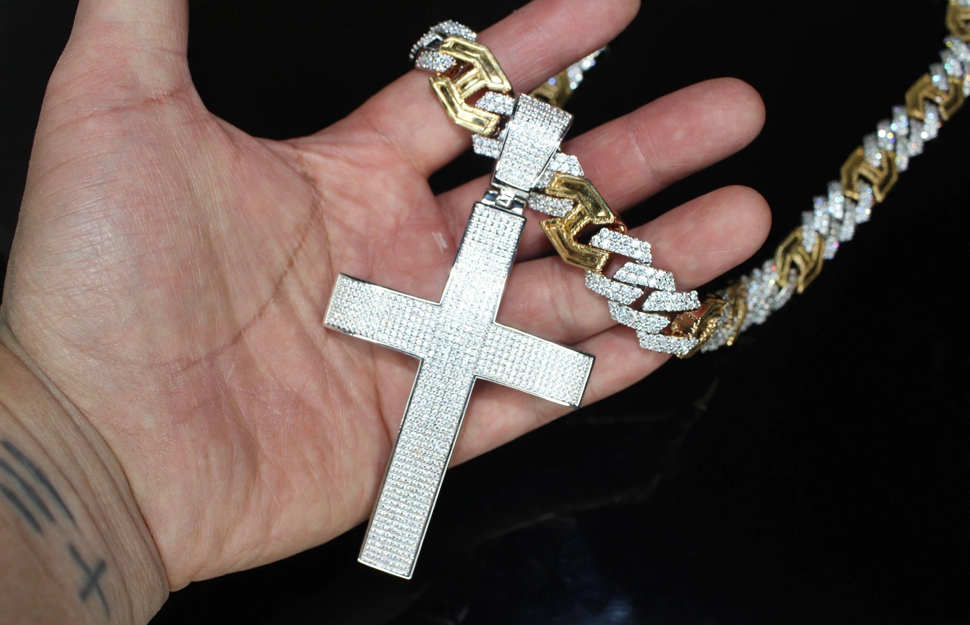 XL CROSS Pendant 14mm Figarucci 98.6ct Lab Sim VVS1 Diamond Necklace - Two Tone Gold